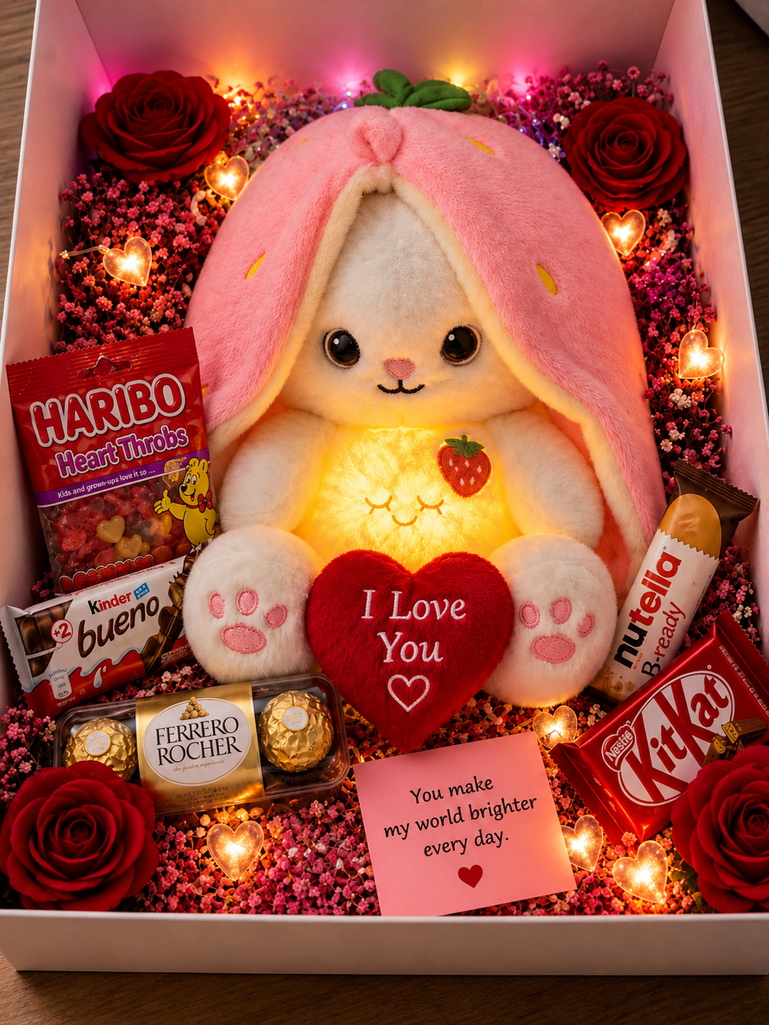 Oplichtende cadeau-doos 'Ademend Aardbeienkonijn' | Cadeauset met chocolade, Haribo en een romantische verrassing