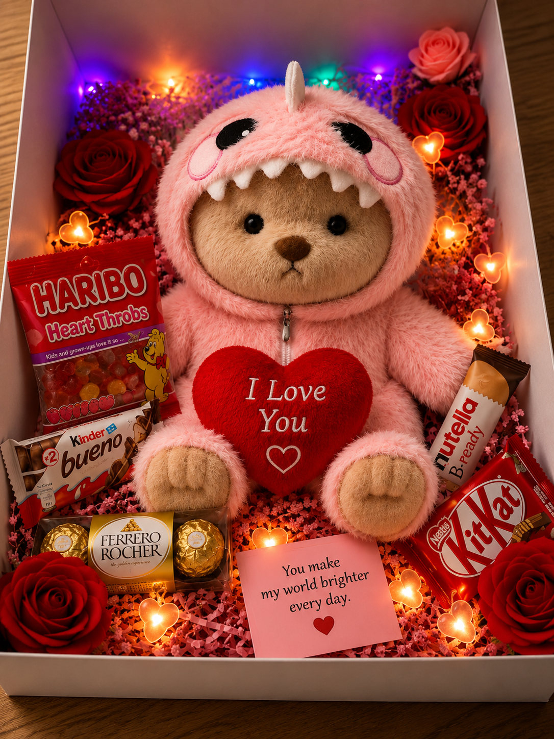 Verlichte geschenkdoos met teddybeer in roze dinosauruspak | Cadeauset met chocolade, Haribo en een romantische verrassing