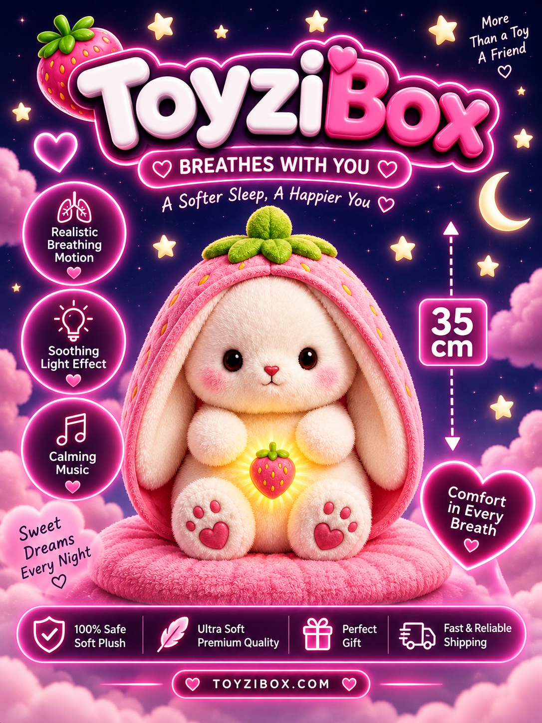 Breathing Strawberry Bunny – Soothing Sleep Plush with Light & Music ✨