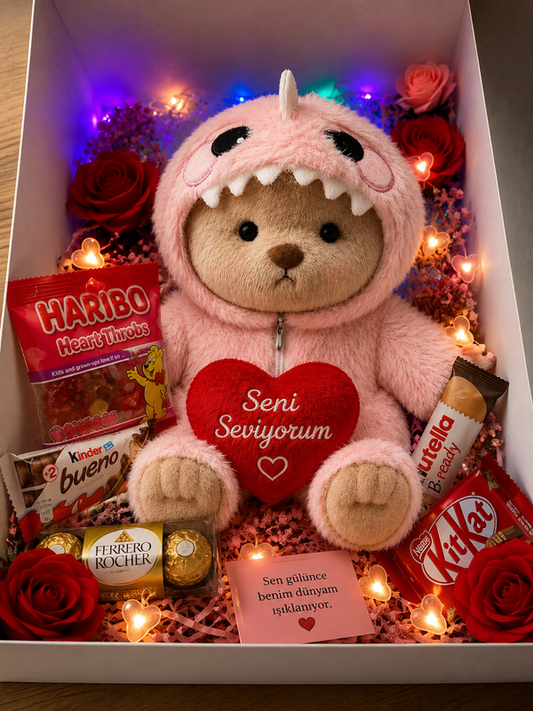 Verlichte geschenkdoos met teddybeer in roze dinosauruspak | Cadeauset met chocolade, Haribo en een romantische verrassing