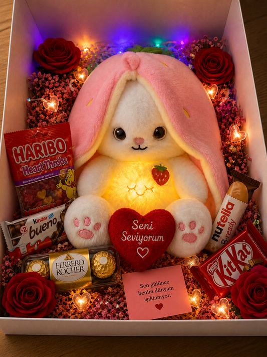 Oplichtende cadeau-doos 'Ademend Aardbeienkonijn' | Cadeauset met chocolade, Haribo en een romantische verrassing