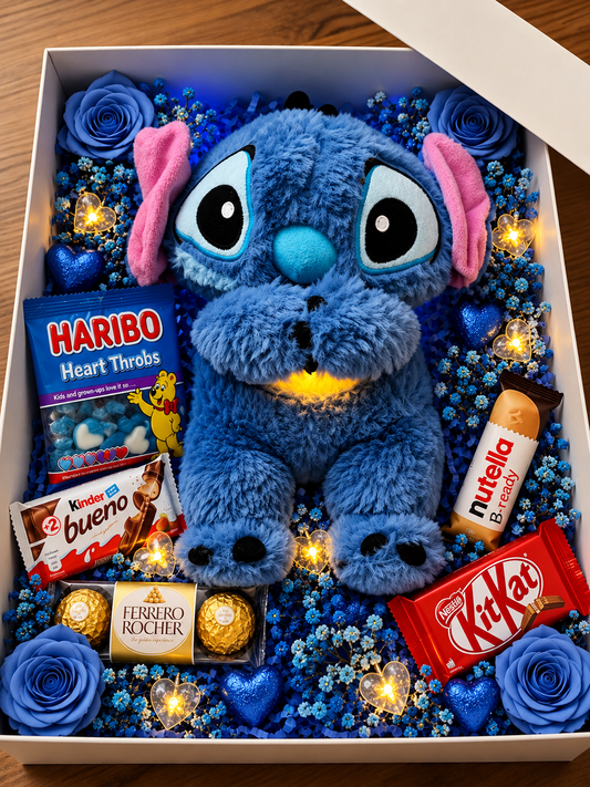 Illuminated ‘Breathing’ Stitch Gift Box (Blue) | Gift Set with Chocolate, Haribo & a Romantic Surprise