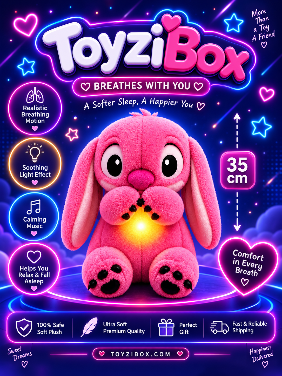 Breathing Pink Bunny Plush – 35cm | Soothing Light & Calming Music 🐰💗✨